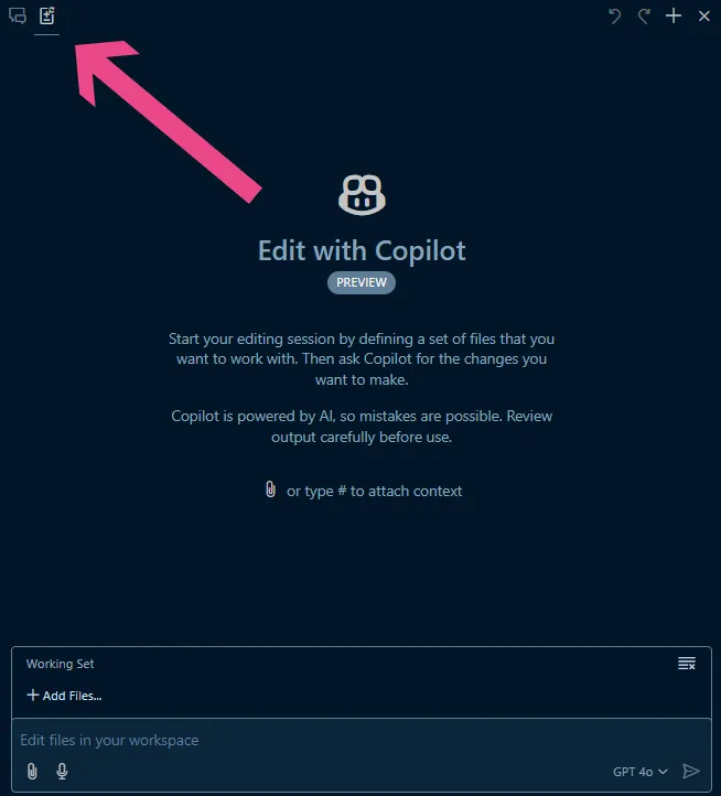 Copilot Edits: Start your editing session by defining a set of files that you want to work with. Then ask Copilot for the changes you want to make. The Edits button is in the top left.