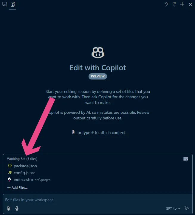 The working set of files is at the bottom of the chat window.