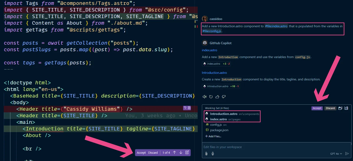 Based on instructions, Copilot Edits made changes, and there’s multiple ways to accept them.