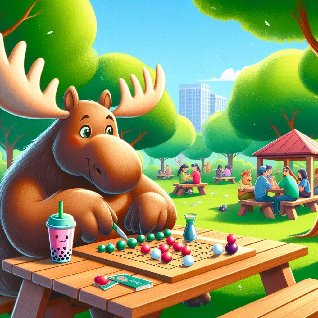 Dall-E 3's moose playing go in a park while drinking boba