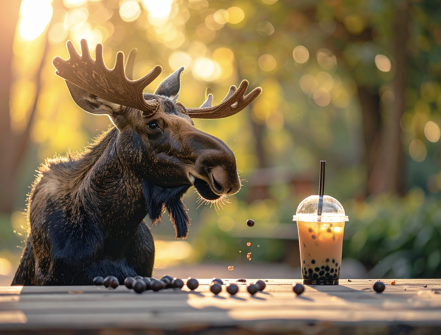 Firefly's moose playing go in a park while drinking boba