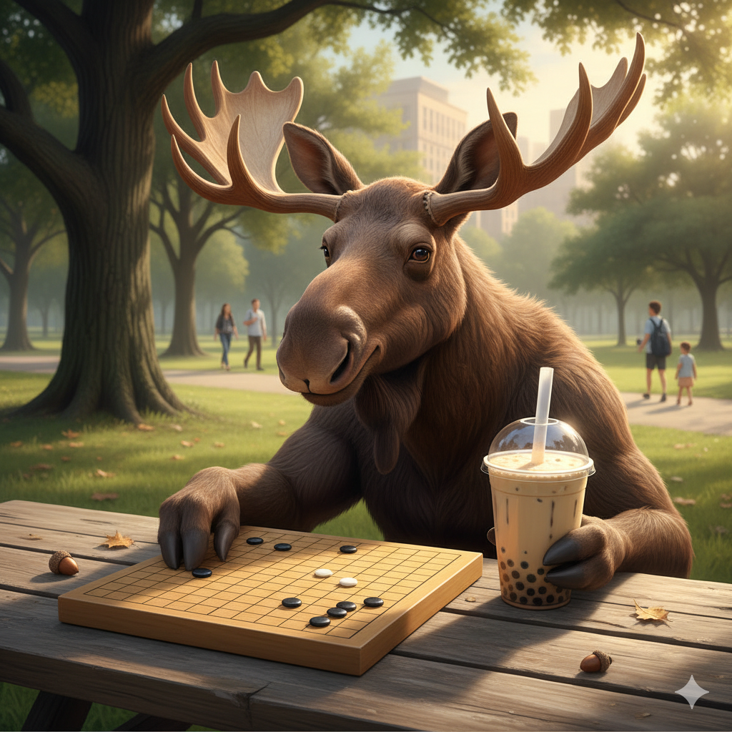 Gemini's moose playing go in a park while drinking boba