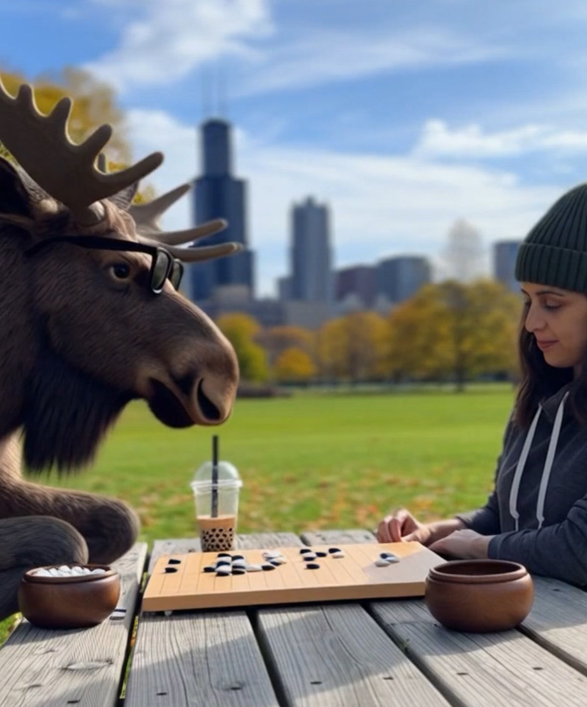 Sora 2's moose playing go in the park while drinking boba