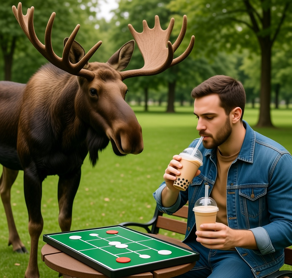 Stable Diffusion's moose playing go in a park while drinking boba
