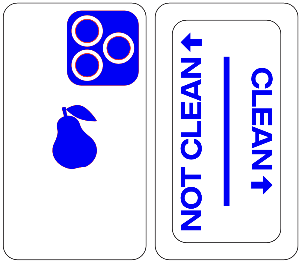 Phone back with a pear logo and a "clean/not clean" indicator